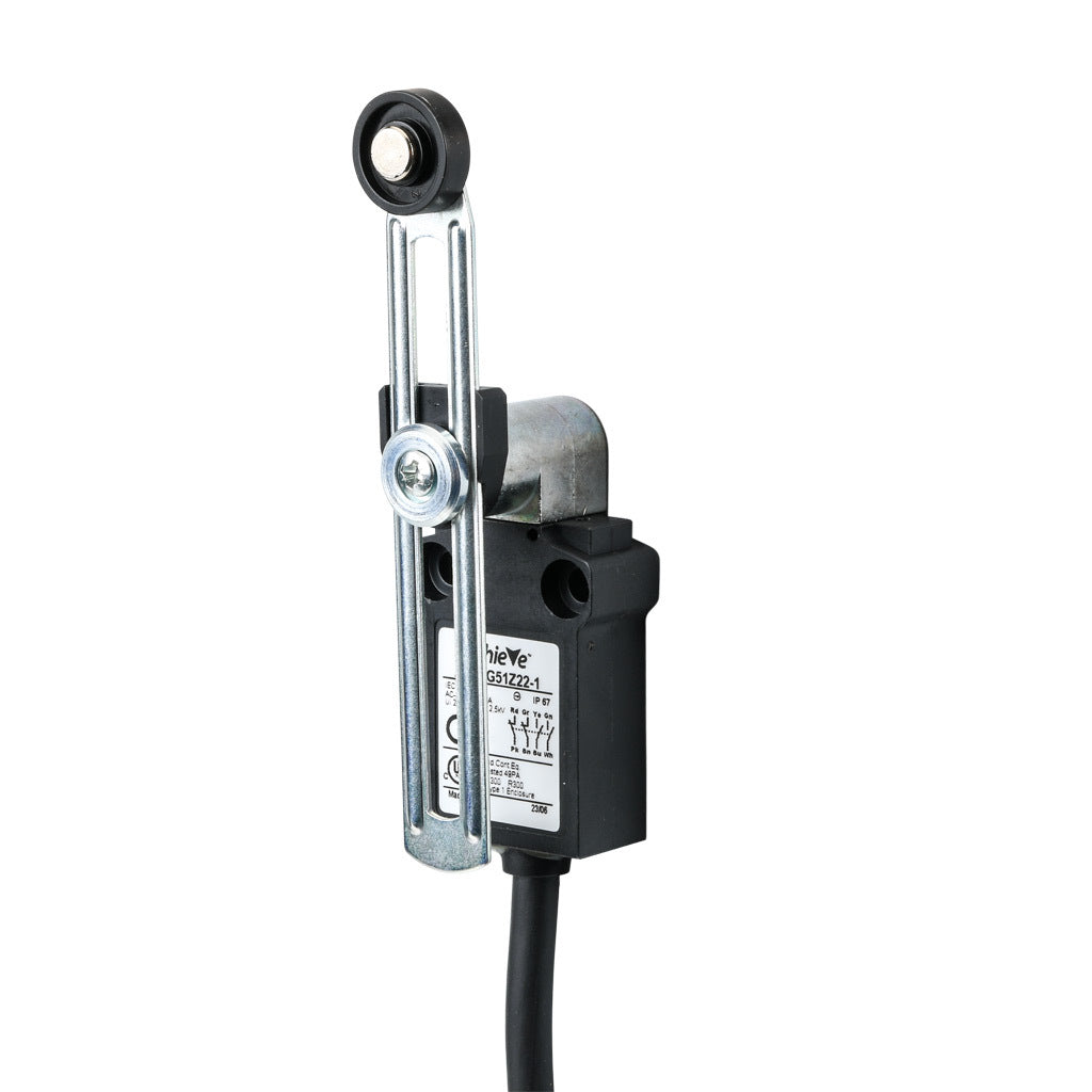 AchieVe compact limit switch, side rotary adjustable lever with 18mm nylon roller, (2) N.O./(2) N.C. contact(s), snap action, 25mm hole spacing, plastic, pigtail, 3.2ft/1m cable length, bottom exit.-AEP2G51Z22-1