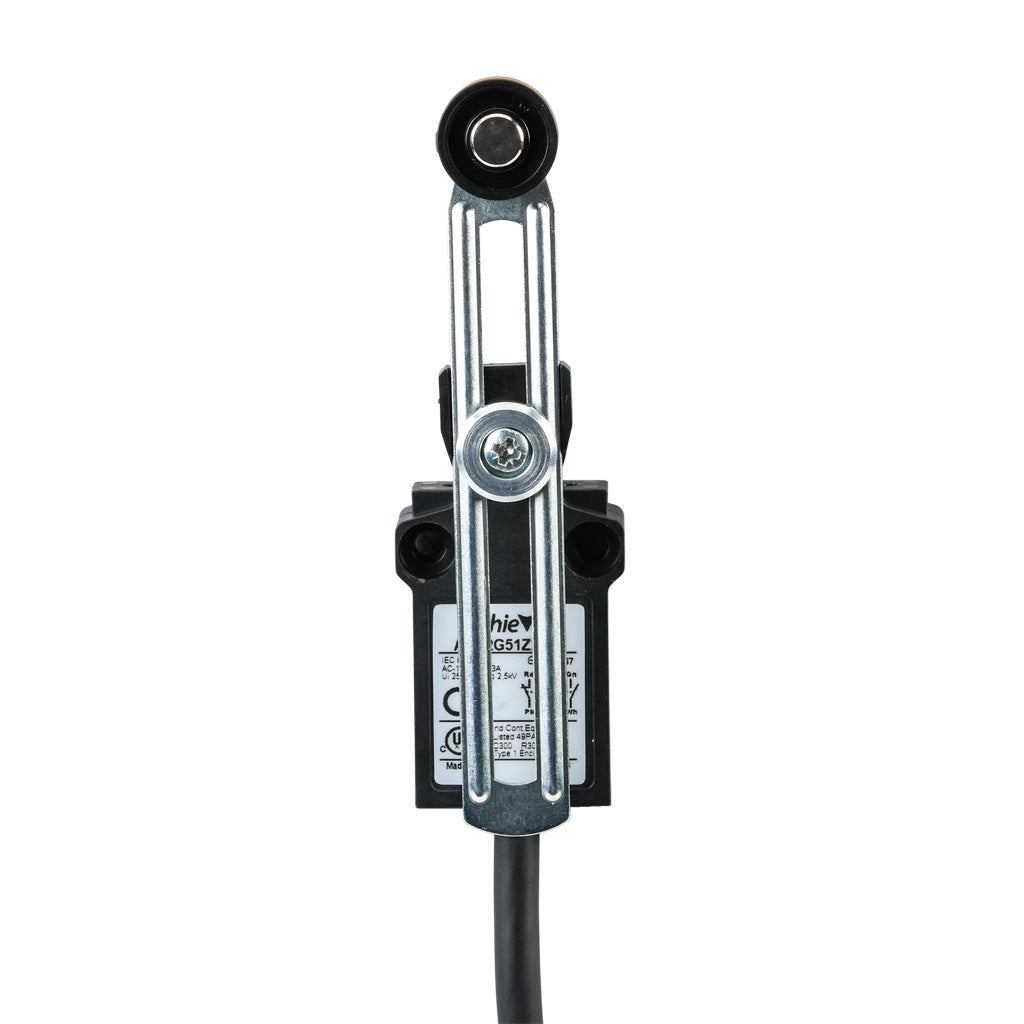 AchieVe compact limit switch, side rotary adjustable lever with 18mm nylon roller, (2) N.O./(2) N.C. contact(s), snap action, 25mm hole spacing, plastic, pigtail, 3.2ft/1m cable length, bottom exit.-AEP2G51Z22-1