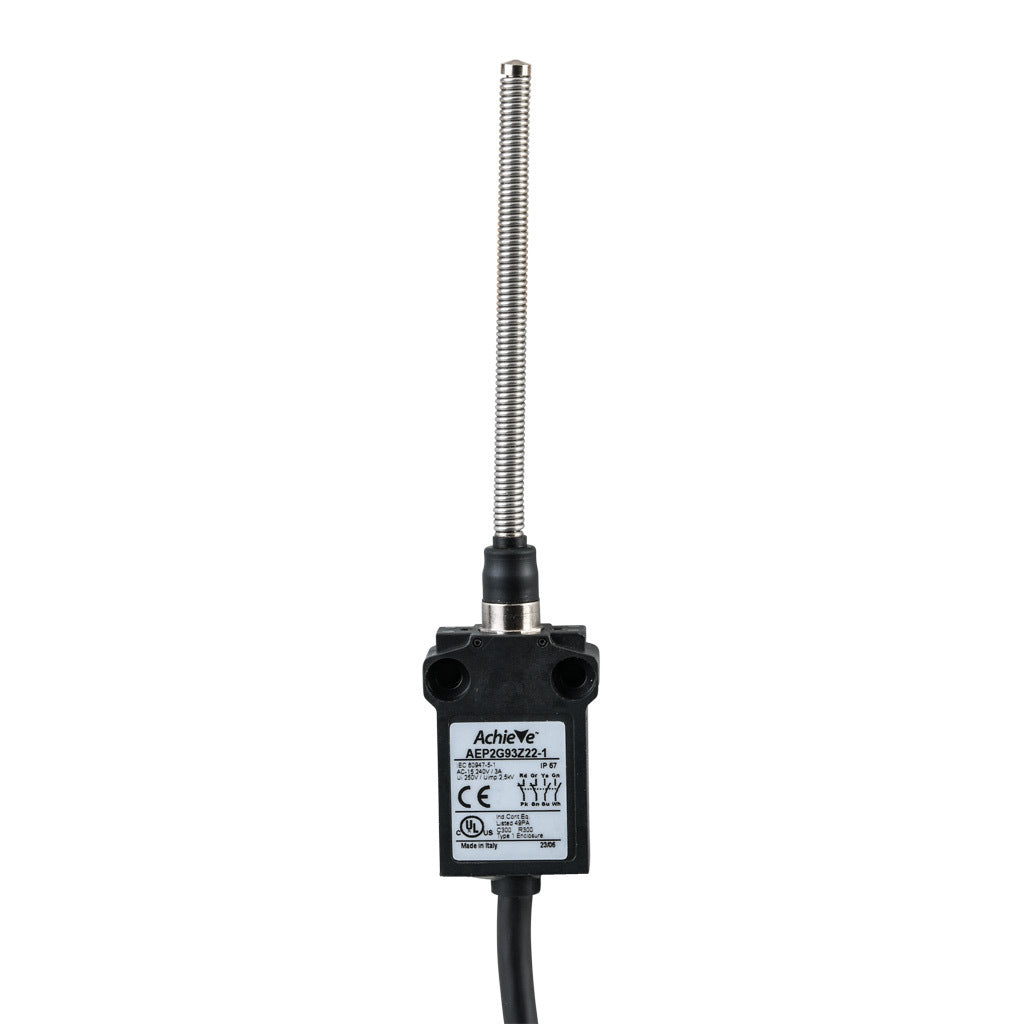 AchieVe compact limit switch, 360 degree stainless steel spring, (2) N.O./(2) N.C. contact(s), snap action, 25mm hole spacing, plastic, pigtail, 3.2ft/1m cable length, bottom exit.-AEP2G93Z22-1