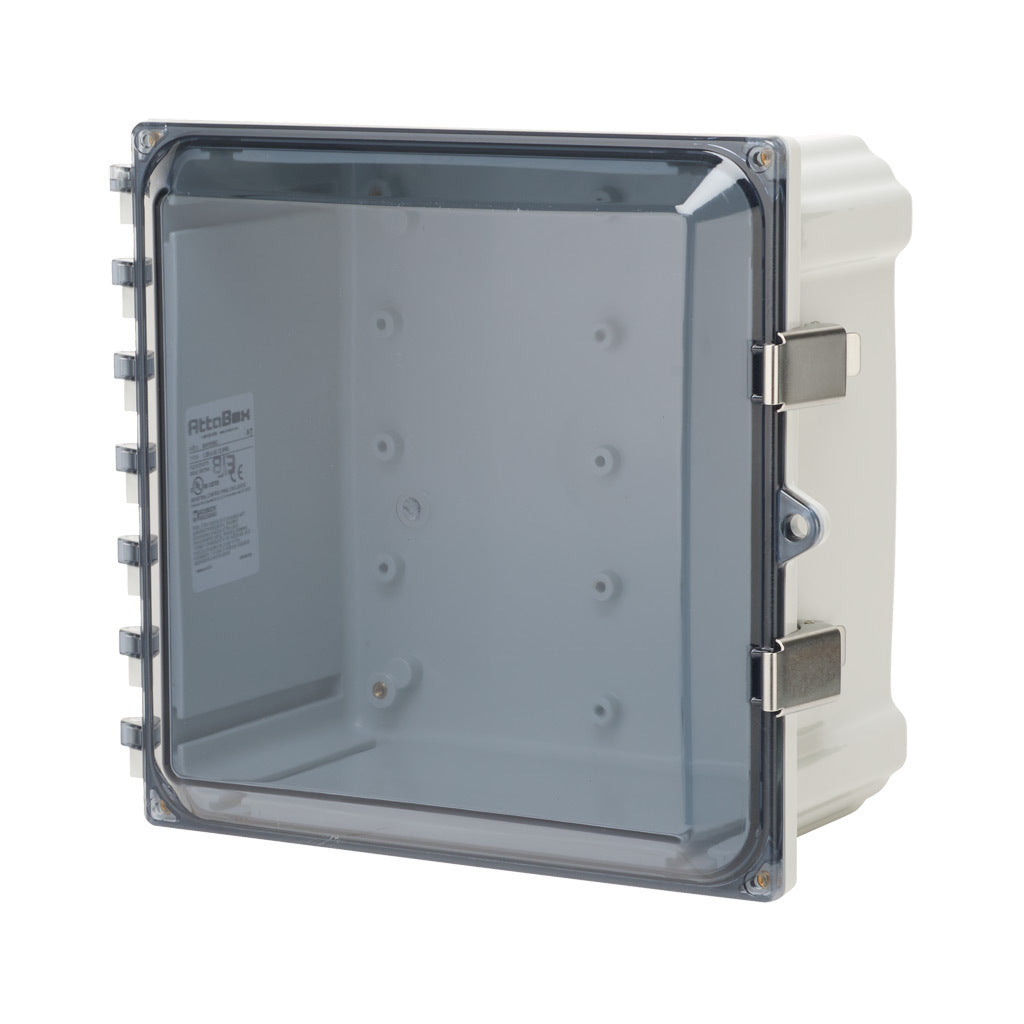 AttaBox Heartland series enclosure, NEMA 1/3R/4/4X/12, 10 x 10 x 6in (HxWxD), wall mount, polycarbonate, Pantone 7541 C light gray, smoked polycarbonate single-door, stainless steel quick-release latch.-AH10106CSS