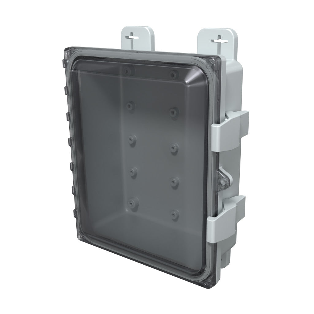 AttaBox Heartland SL series enclosure, NEMA 1/3R/4/4X/12, 10 x 8 x 3in (HxWxD), wall mount, polycarbonate, Pantone 7541 C light gray, smoked polycarbonate single-door, polycarbonate quick-release latch.-AH1083C