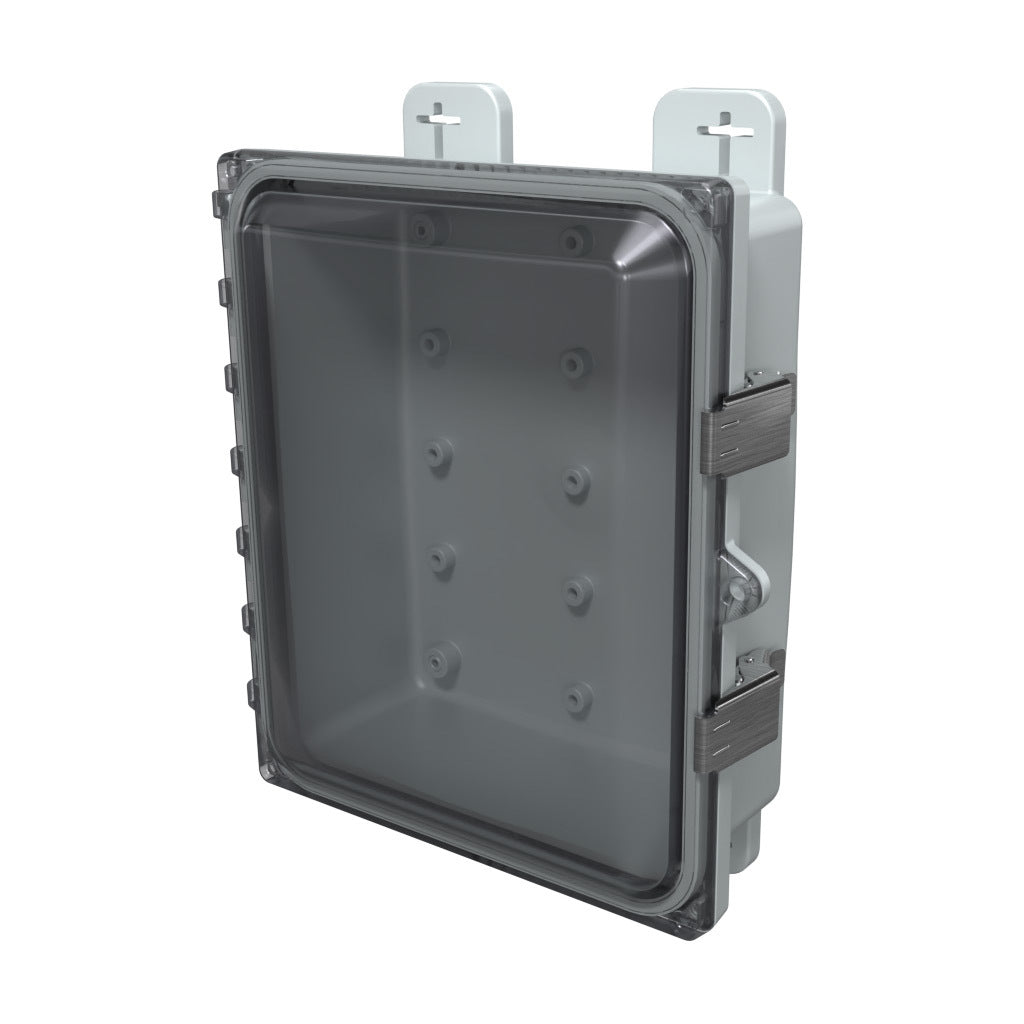 AttaBox Heartland SL series enclosure, NEMA 1/3R/4/4X/12, 10 x 8 x 3in (HxWxD), wall mount, polycarbonate, Pantone 7541 C light gray, smoked polycarbonate single-door, stainless steel quick-release latch.-AH1083CSS