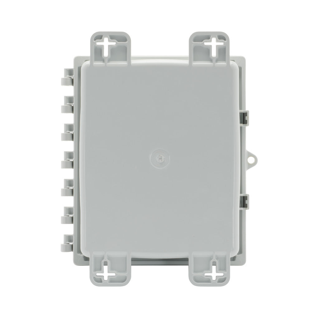 AttaBox Heartland SL series enclosure, NEMA 1/3R/4/4X/6P/12, 10 x 8 x 3in (HxWxD), wall mount, polycarbonate, Pantone 7541 C light gray, hinged screw cover.-AH1083HW