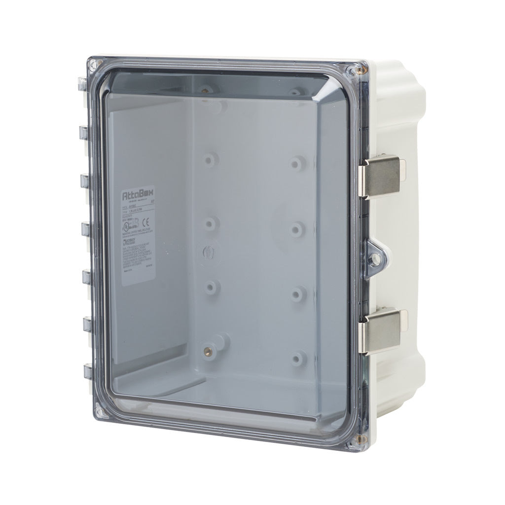 AttaBox Heartland series enclosure, NEMA 1/3R/4/4X/12, 10 x 8 x 4in (HxWxD), wall mount, polycarbonate, Pantone 7541 C light gray, smoked polycarbonate single-door, stainless steel quick-release latch.-AH1084CSS