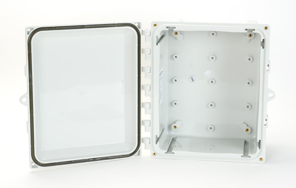 AttaBox Heartland series enclosure, NEMA 1/3R/4/4X/6P/12, 10 x 8 x 4in (HxWxD), wall mount, polycarbonate, Pantone 7541 C light gray, hinged screw cover.-AH1084HW