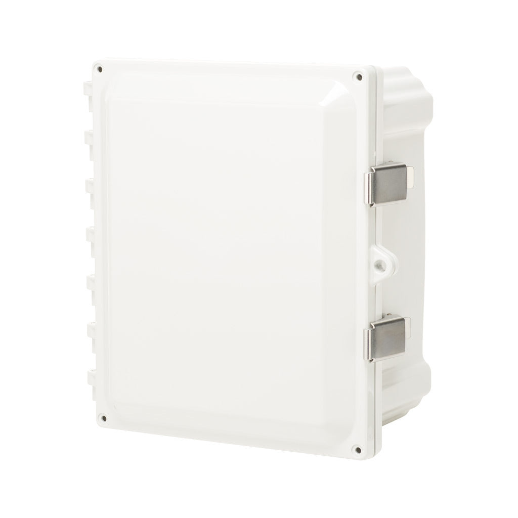 AttaBox Heartland series enclosure, NEMA 1/3R/4/4X/12, 10 x 8 x 4in (HxWxD), wall mount, polycarbonate, Pantone 7541 C light gray, single-door, stainless steel quick-release latch.-AH1084SS
