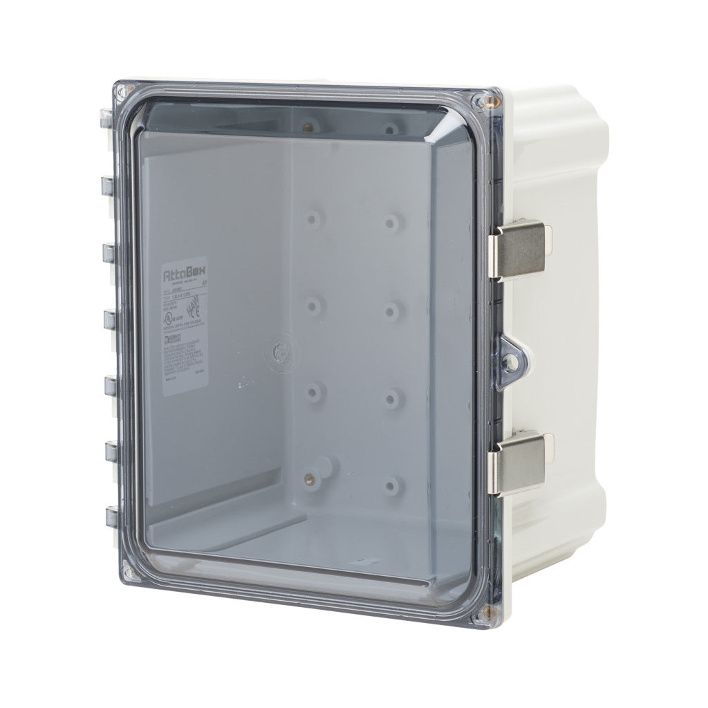 AttaBox Heartland series enclosure, NEMA 1/3R/4/4X/12, 10 x 8 x 6in (HxWxD), wall mount, polycarbonate, Pantone 7541 C light gray, smoked polycarbonate single-door, stainless steel quick-release latch.-AH1086CSS