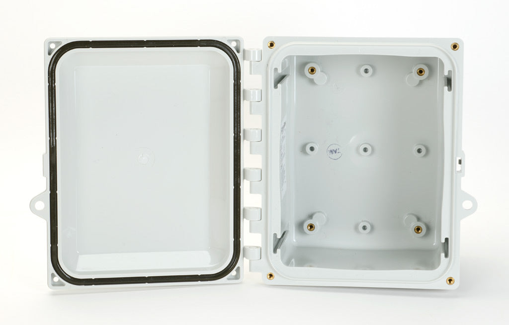 AttaBox Heartland series enclosure, NEMA 1/3R/4/4X/6P/12, 10 x 8 x 6in (HxWxD), wall mount, polycarbonate, Pantone 7541 C light gray, hinged screw cover.-AH1086HW