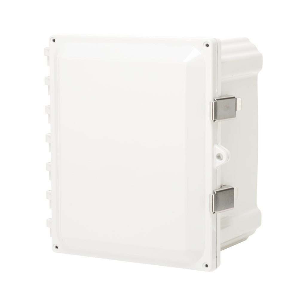 AttaBox Heartland series enclosure, NEMA 1/3R/4/4X/12, 10 x 8 x 6in (HxWxD), wall mount, polycarbonate, Pantone 7541 C light gray, single-door, stainless steel quick-release latch.-AH1086SS