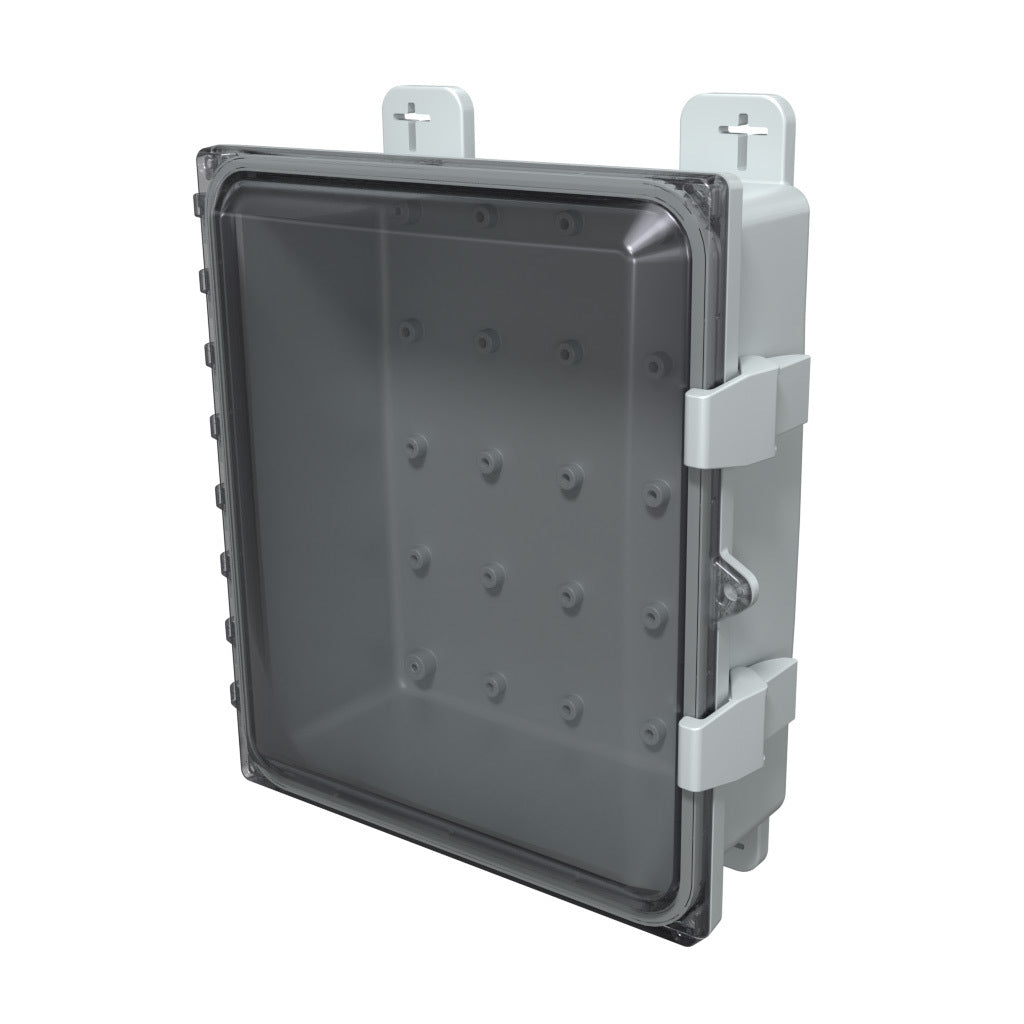 AttaBox Heartland SL series enclosure, NEMA 1/3R/4/4X/12, 12 x 10 x 4in (HxWxD), wall mount, polycarbonate, Pantone 7541 C light gray, smoked polycarbonate single-door, polycarbonate quick-release latch.-AH12104C