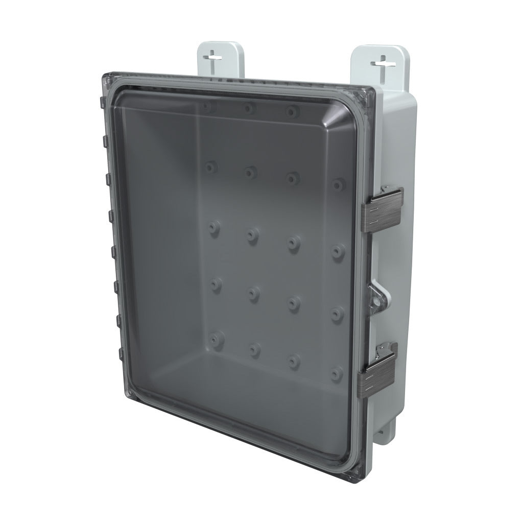AttaBox Heartland SL series enclosure, NEMA 1/3R/4/4X/12, 12 x 10 x 4in (HxWxD), wall mount, polycarbonate, Pantone 7541 C light gray, smoked polycarbonate single-door, stainless steel quick-release latch.-AH12104CSS