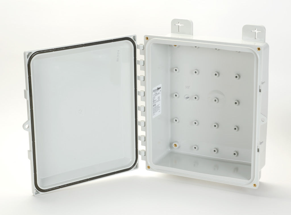 AttaBox Heartland SL series enclosure, NEMA 1/3R/4/4X/6P/12, 12 x 10 x 4in (HxWxD), wall mount, polycarbonate, Pantone 7541 C light gray, hinged screw cover.-AH12104HW