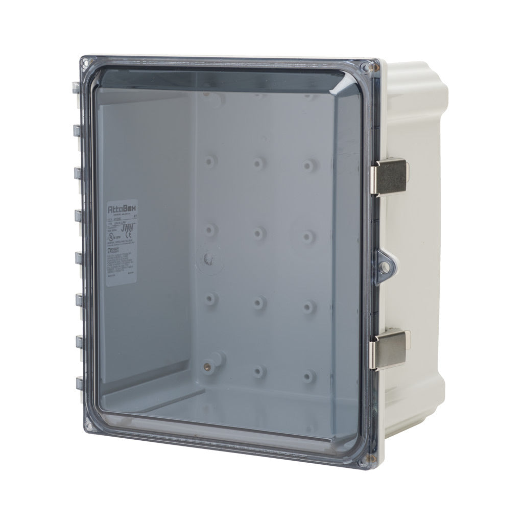 AttaBox Heartland series enclosure, NEMA 1/3R/4/4X/12, 12 x 10 x 6in (HxWxD), wall mount, polycarbonate, Pantone 7541 C light gray, smoked polycarbonate single-door, stainless steel quick-release latch.-AH12106CSS