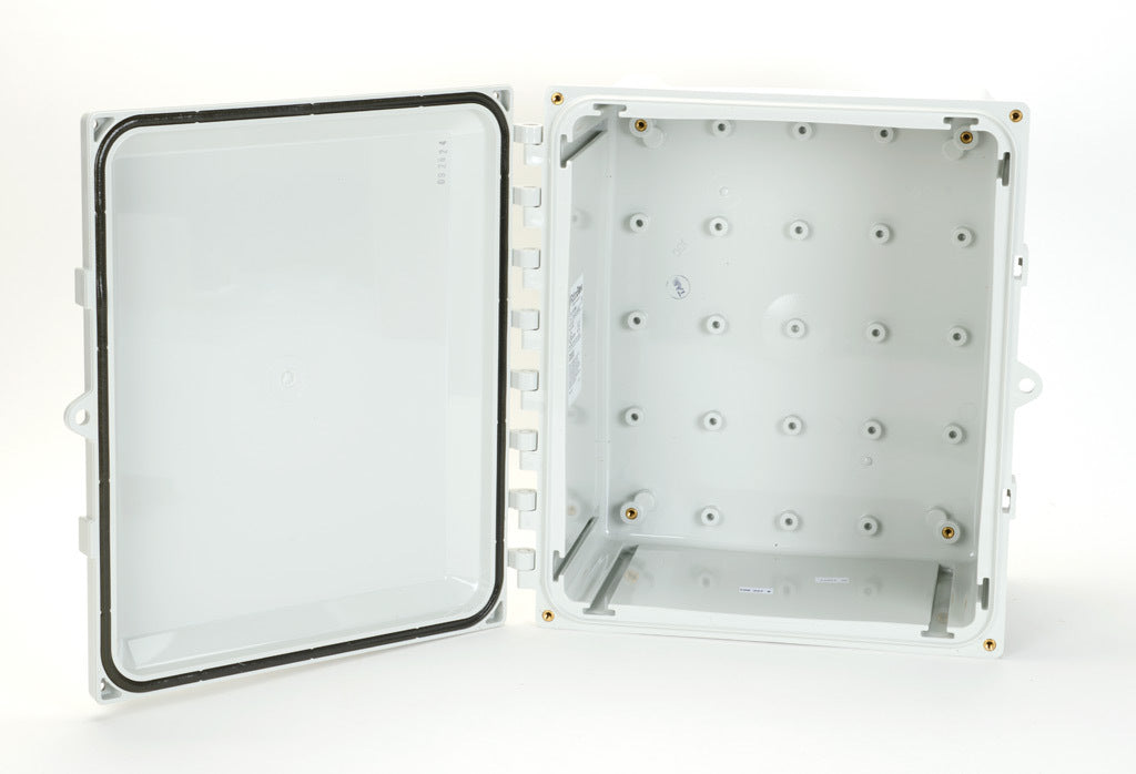 AttaBox Heartland series enclosure, NEMA 1/3R/4/4X/6P/12, 12 x 10 x 6in (HxWxD), wall mount, polycarbonate, Pantone 7541 C light gray, hinged screw cover.-AH12106HW
