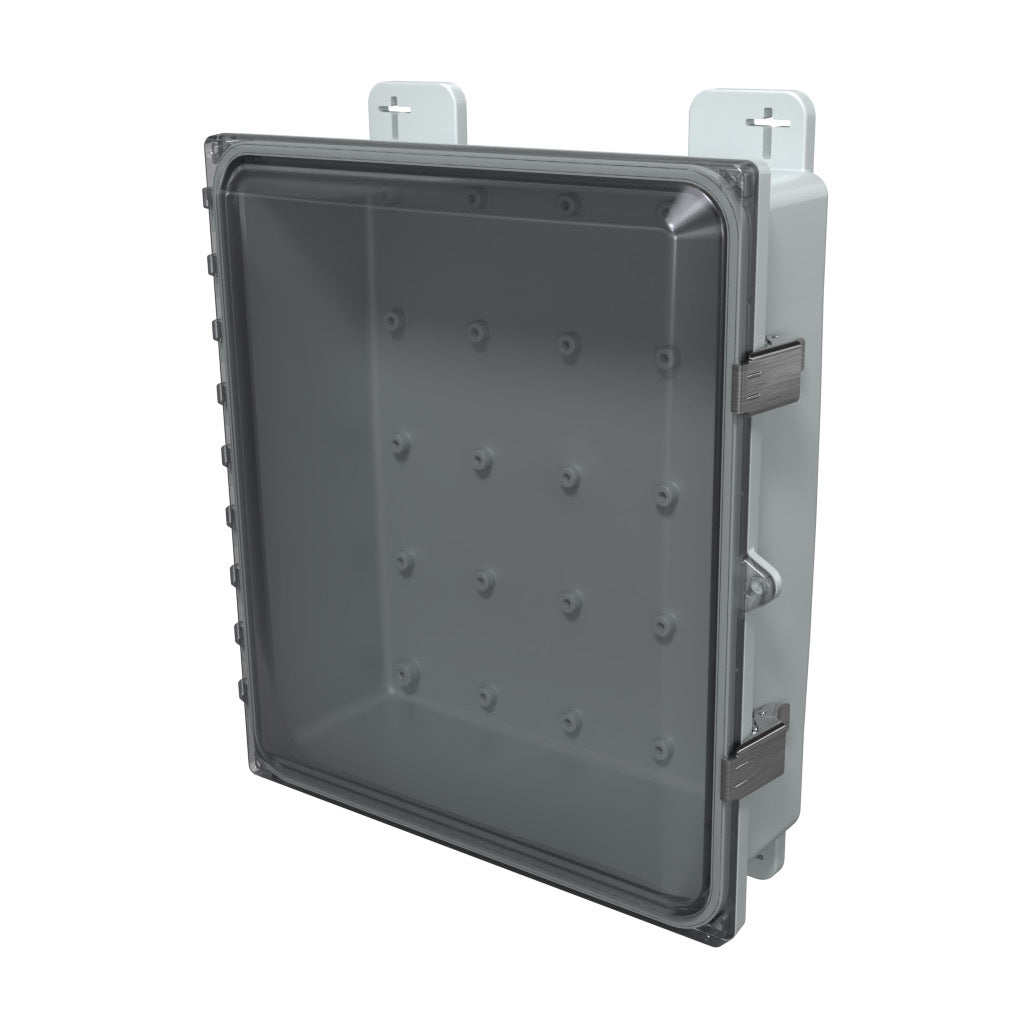 AttaBox Heartland SL series enclosure, NEMA 1/3R/4/4X/12, 14 x 12 x 4in (HxWxD), wall mount, polycarbonate, Pantone 7541 C light gray, smoked polycarbonate single-door, stainless steel quick-release latch.-AH14124CSS
