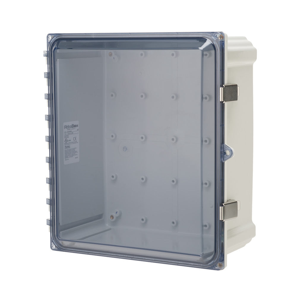 AttaBox Heartland series enclosure, NEMA 1/3R/4/4X/12, 14 x 12 x 6in (HxWxD), wall mount, polycarbonate, Pantone 7541 C light gray, smoked polycarbonate single-door, stainless steel quick-release latch.-AH14126CSS