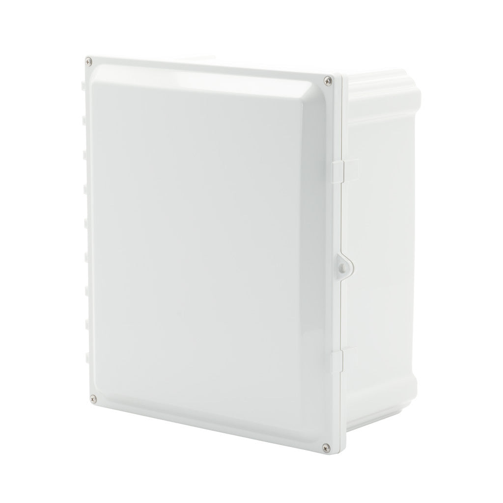 AttaBox Heartland series enclosure, NEMA 1/3R/4/4X/6P/12, 15 x 13 x 6in (HxWxD), wall mount, polycarbonate, Pantone 7541 C light gray, hinged screw cover.-AH14126HW