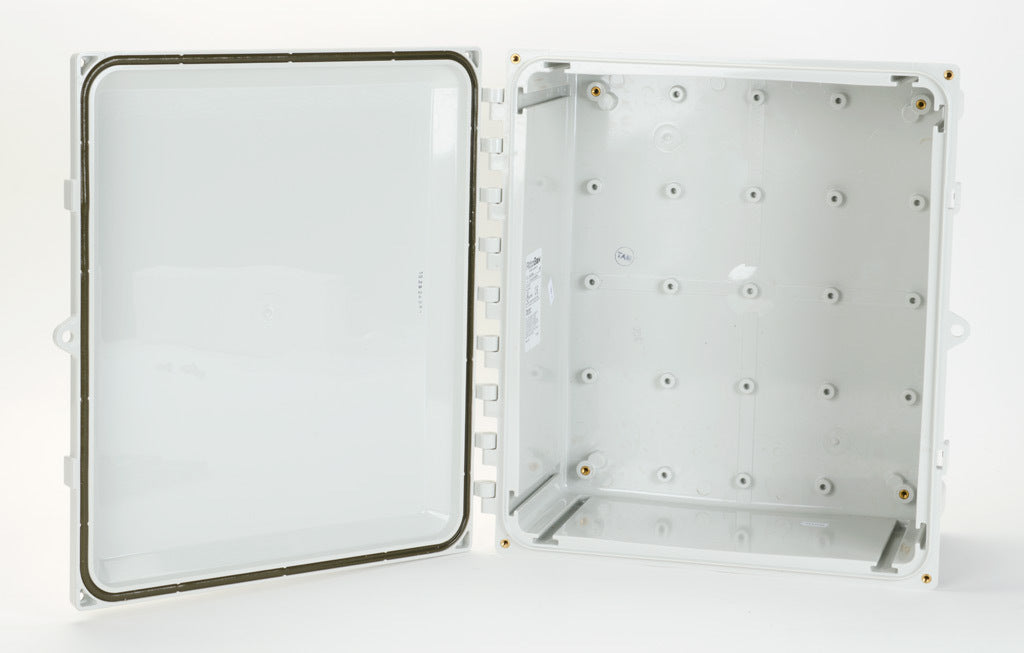 AttaBox Heartland series enclosure, NEMA 1/3R/4/4X/6P/12, 15 x 13 x 6in (HxWxD), wall mount, polycarbonate, Pantone 7541 C light gray, hinged screw cover.-AH14126HW