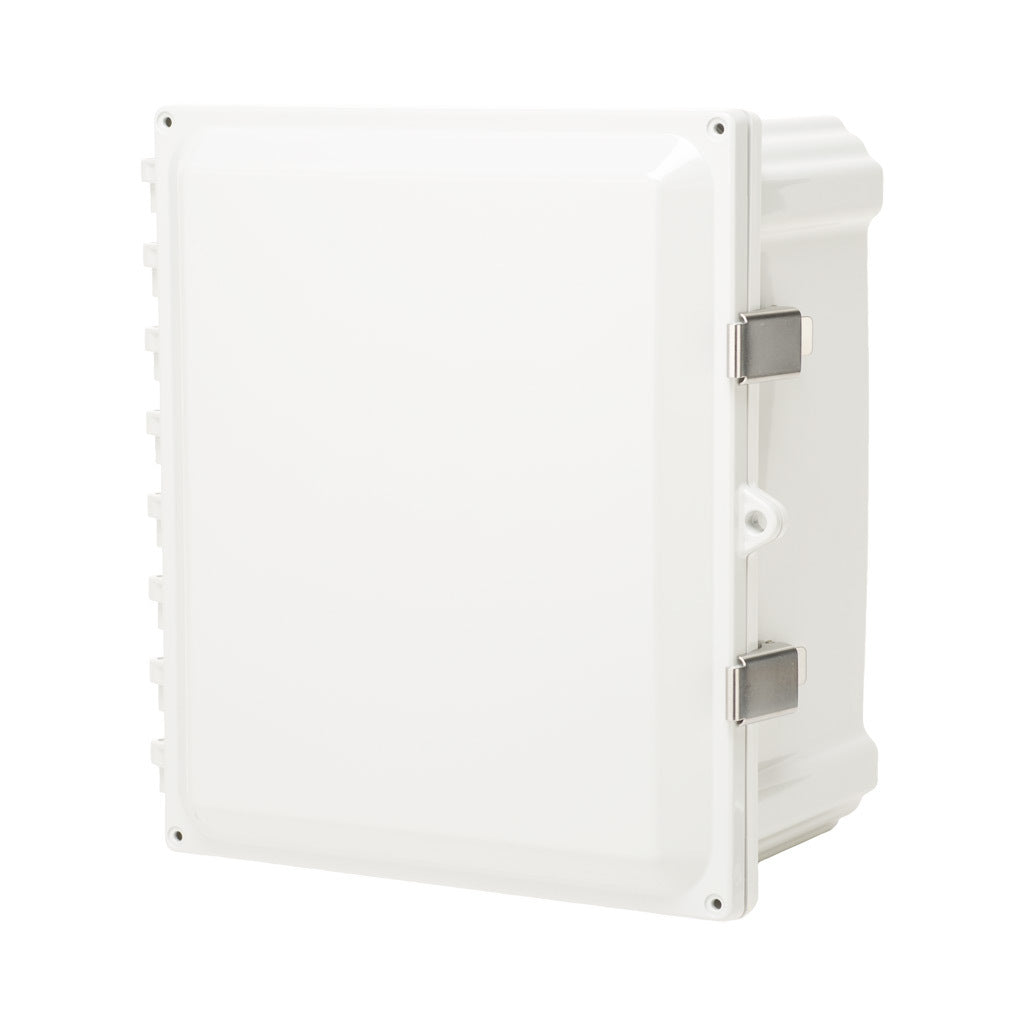 AttaBox Heartland series enclosure, NEMA 1/3R/4/4X/12, 14 x 12 x 6in (HxWxD), wall mount, polycarbonate, Pantone 7541 C light gray, single-door, stainless steel quick-release latch.-AH14126SS