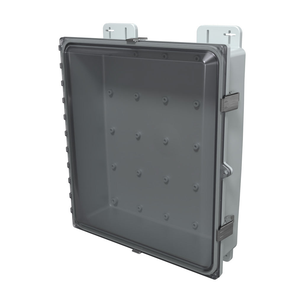 AttaBox Heartland SL series enclosure, NEMA 1/3R/4/4X/12, 16 x 14 x 4in (HxWxD), wall mount, polycarbonate, Pantone 7541 C light gray, smoked polycarbonate single-door, stainless steel quick-release latch.-AH16144CSS