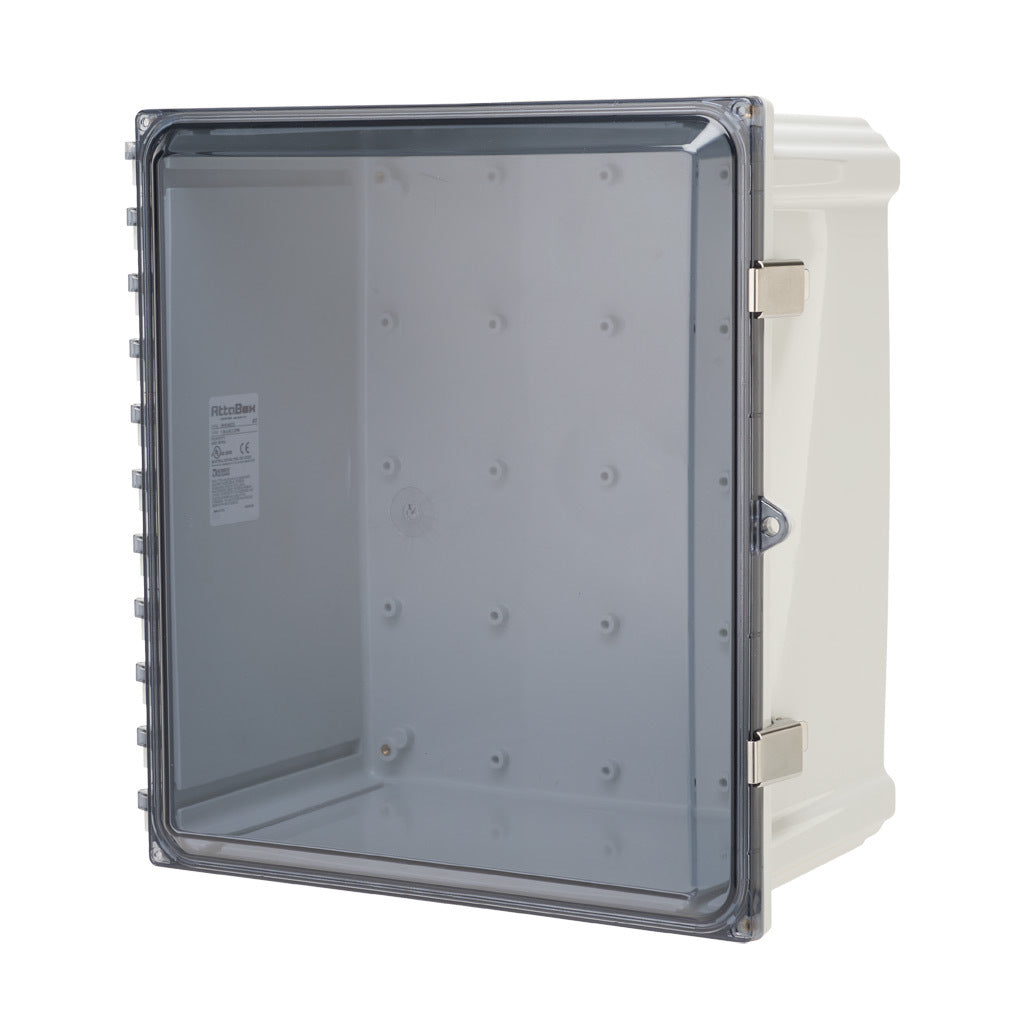 AttaBox Heartland series enclosure, NEMA 1/3R/4/4X/12, 16 x 14 x 8in (HxWxD), wall mount, polycarbonate, Pantone 7541 C light gray, smoked polycarbonate single-door, stainless steel quick-release latch.-AH16148CSS