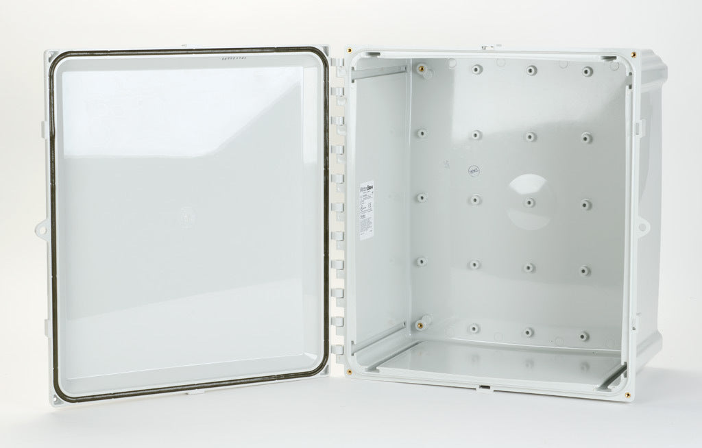 AttaBox Heartland series enclosure, NEMA 1/3R/4/4X/6P/12, 16 x 14 x 8in (HxWxD), wall mount, polycarbonate, Pantone 7541 C light gray, hinged screw cover.-AH16148HW