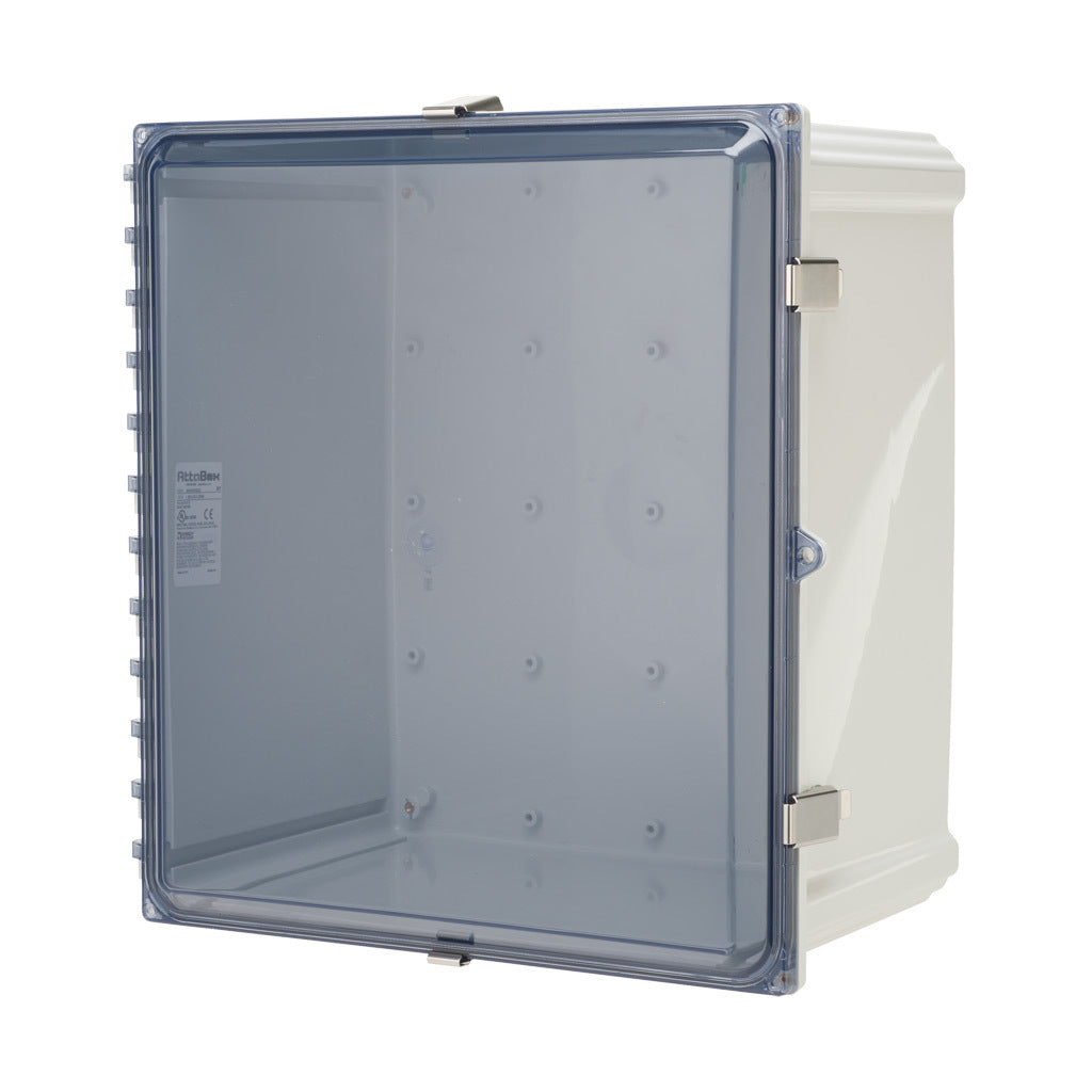 AttaBox Heartland series enclosure, NEMA 1/3R/4/4X/12, 18 x 16 x 10in (HxWxD), wall mount, polycarbonate, Pantone 7541 C light gray, smoked polycarbonate single-door, stainless steel quick-release latch.-AH181610CSS