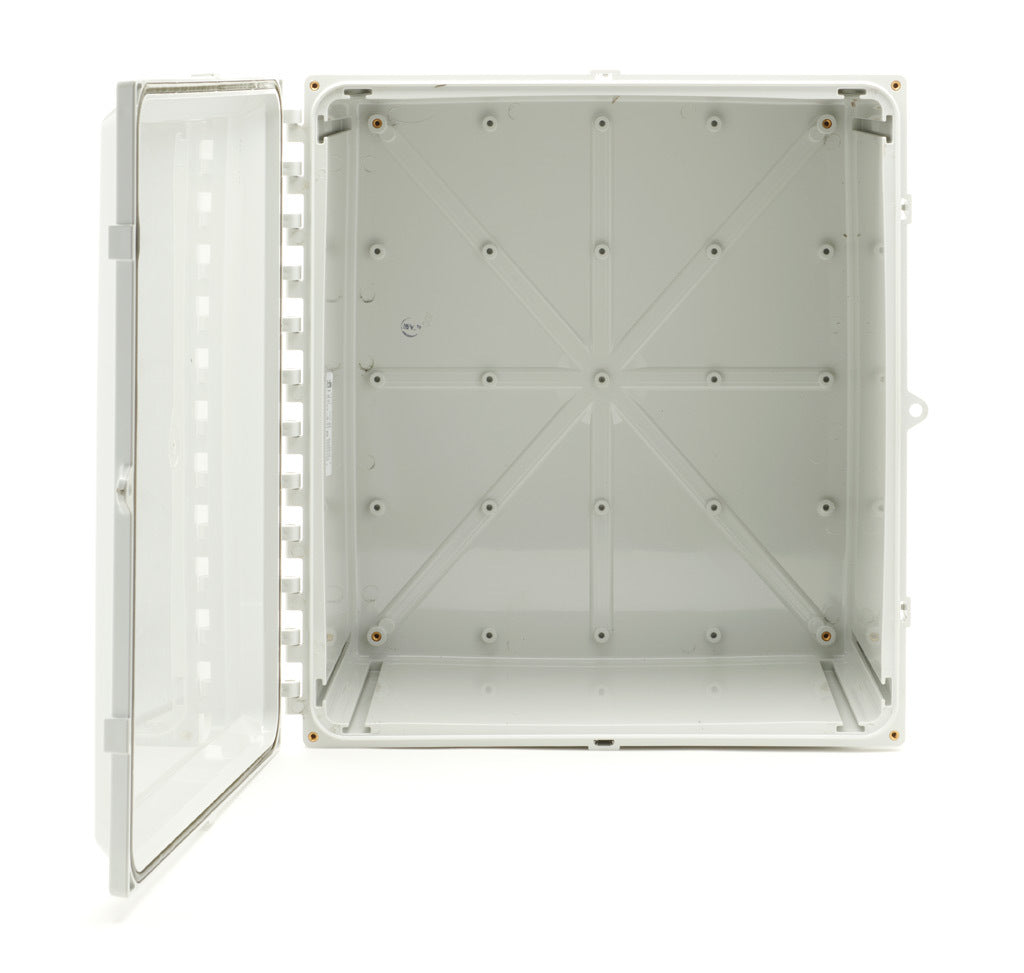 AttaBox Heartland series enclosure, NEMA 1/3R/4/4X/6P/12, 18 x 16 x 10in (HxWxD), wall mount, polycarbonate, Pantone 7541 C light gray, hinged screw cover.-AH181610HW