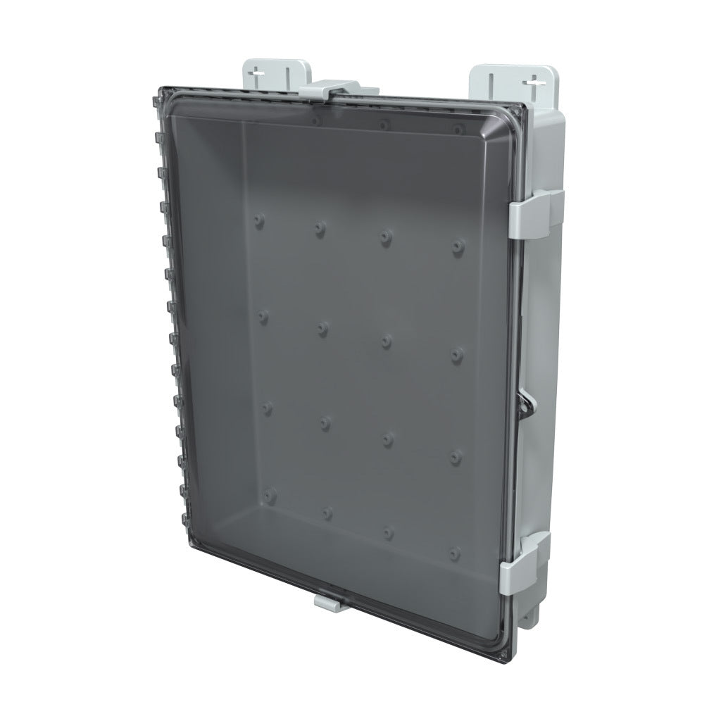 AttaBox Heartland SL series enclosure, NEMA 1/3R/4/4X/12, 20 x 16 x 4in (HxWxD), wall mount, polycarbonate, Pantone 7541 C light gray, smoked polycarbonate single-door, polycarbonate quick-release latch.-AH20164C