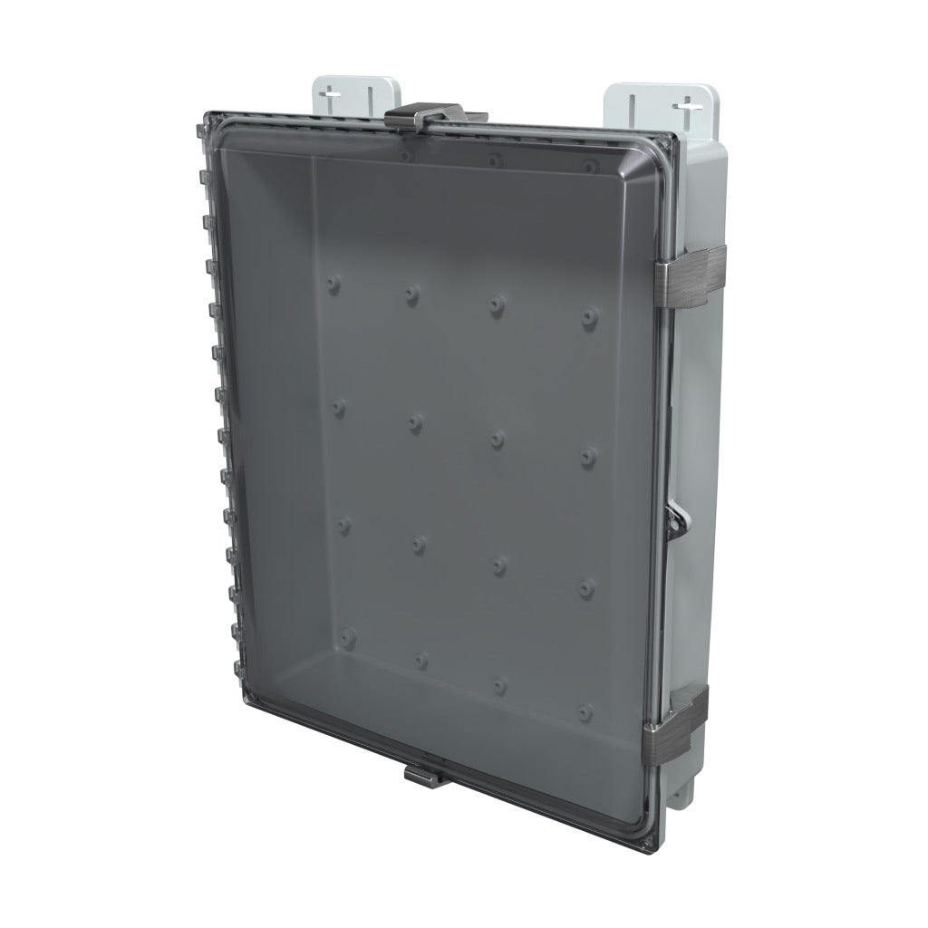 AttaBox Heartland SL series enclosure, NEMA 1/3R/4/4X/12, 20 x 16 x 4in (HxWxD), wall mount, polycarbonate, Pantone 7541 C light gray, smoked polycarbonate single-door, stainless steel quick-release latch.-AH20164CSS