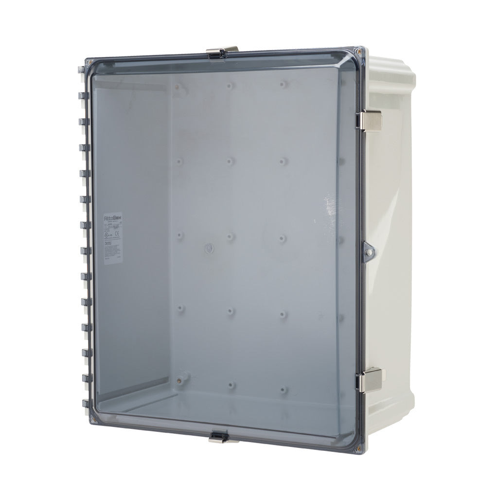 AttaBox Heartland series enclosure, NEMA 1/3R/4/4X/12, 20 x 16 x 8in (HxWxD), wall mount, polycarbonate, Pantone 7541 C light gray, smoked polycarbonate single-door, stainless steel quick-release latch.-AH20168CSS