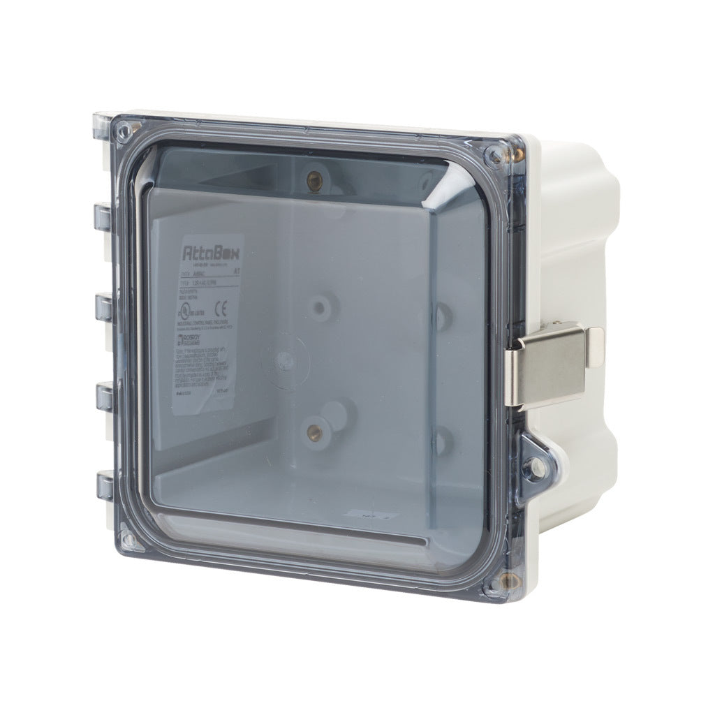AttaBox Heartland series enclosure, NEMA 1/3R/4/4X/12, 6 x 6 x 4in (HxWxD), wall mount, polycarbonate, Pantone 7541 C light gray, smoked polycarbonate single-door, stainless steel quick-release latch.-AH664CSS