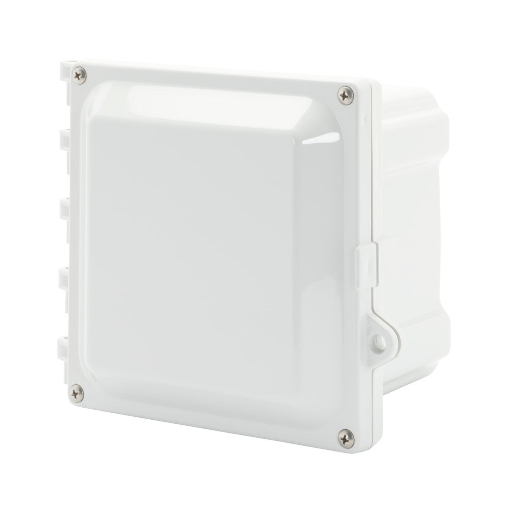 AttaBox Heartland series enclosure, NEMA 1/3R/4/4X/6P/12, 6 x 6 x 4in (HxWxD), wall mount, polycarbonate, Pantone 7541 C light gray, hinged screw cover.-AH664HW