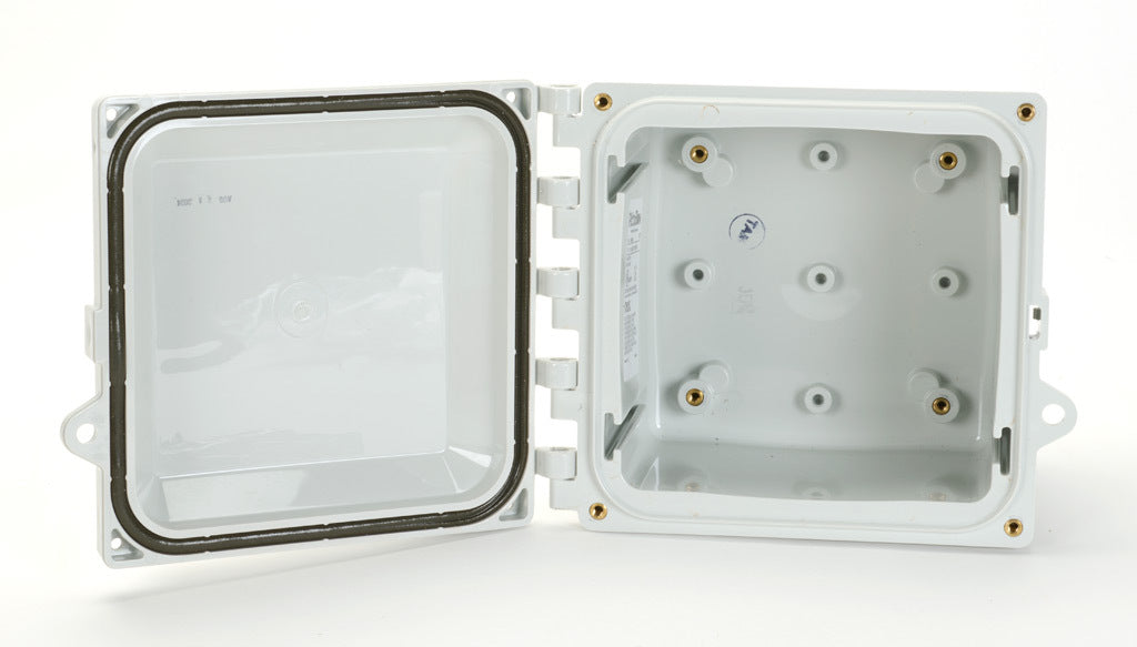 AttaBox Heartland series enclosure, NEMA 1/3R/4/4X/6P/12, 6 x 6 x 4in (HxWxD), wall mount, polycarbonate, Pantone 7541 C light gray, hinged screw cover.-AH664HW