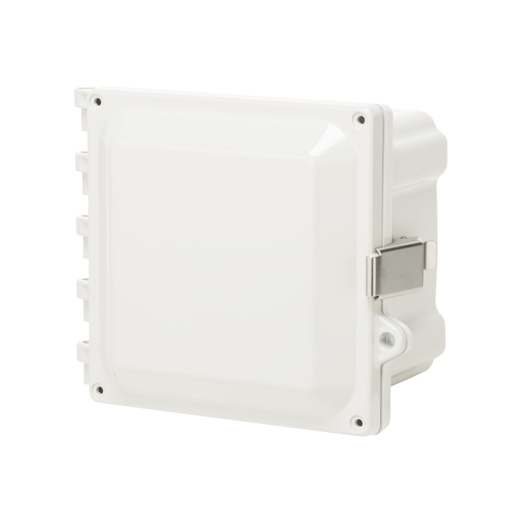 AttaBox Heartland series enclosure, NEMA 1/3R/4/4X/12, 6 x 6 x 4in (HxWxD), wall mount, polycarbonate, Pantone 7541 C light gray, single-door, stainless steel quick-release latch.-AH664SS