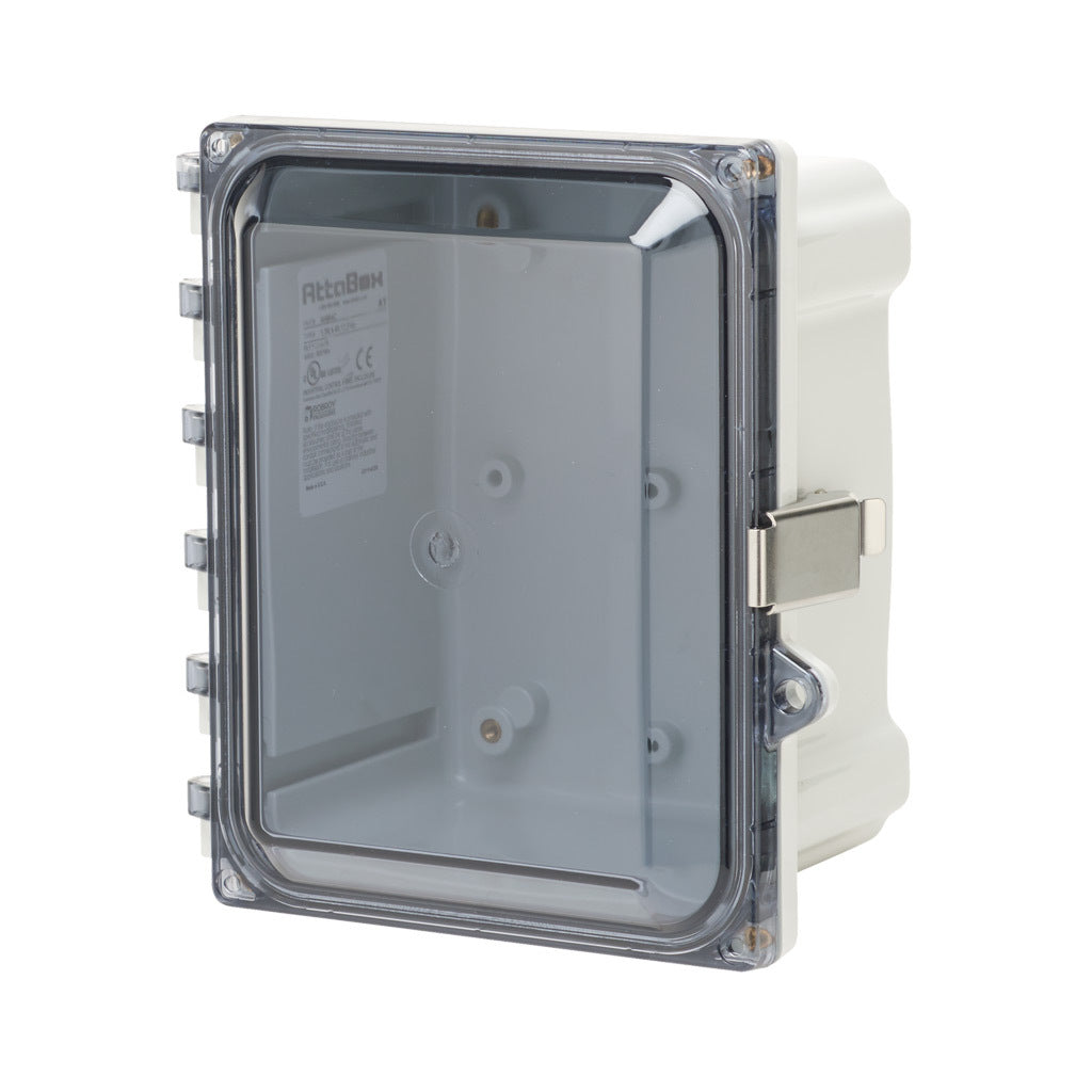 AttaBox Heartland series enclosure, NEMA 1/3R/4/4X/12, 8 x 6 x 4in (HxWxD), wall mount, polycarbonate, Pantone 7541 C light gray, smoked polycarbonate single-door, stainless steel quick-release latch.-AH864CSS