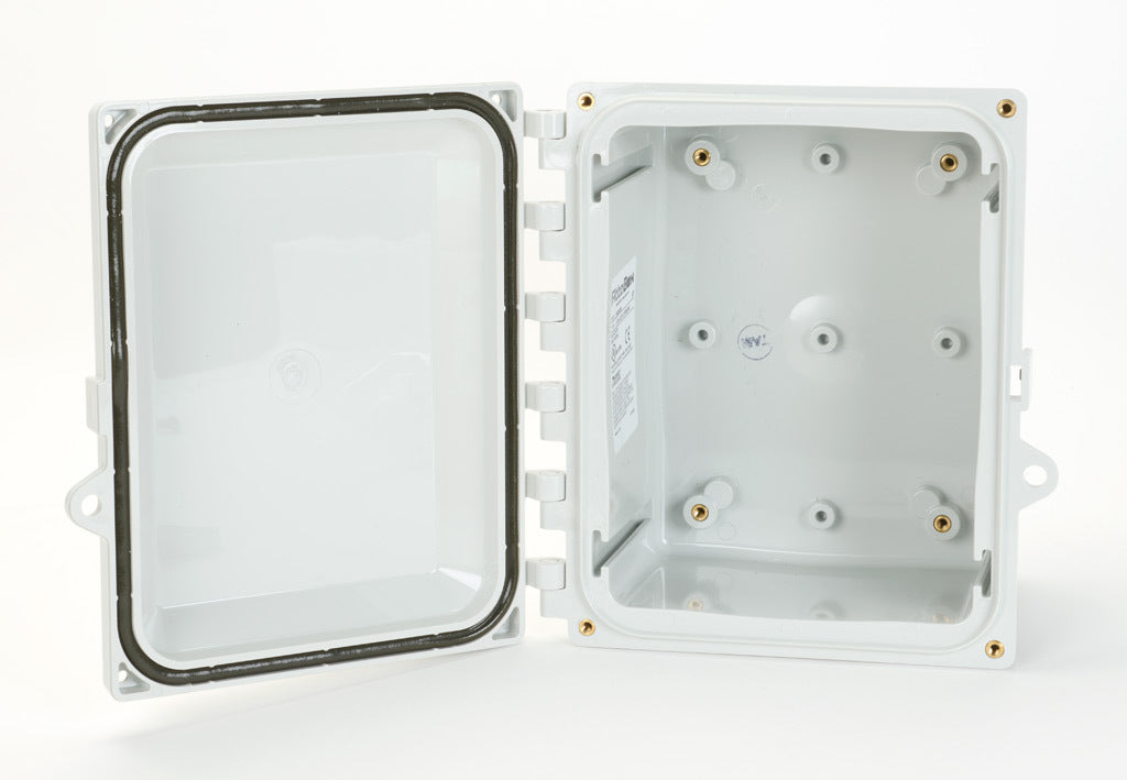 AttaBox Heartland series enclosure, NEMA 1/3R/4/4X/6P/12, 8 x 6 x 4in (HxWxD), wall mount, polycarbonate, Pantone 7541 C light gray, hinged screw cover.-AH864HW