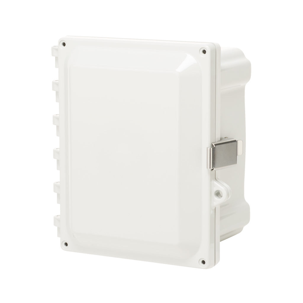 AttaBox Heartland series enclosure, NEMA 1/3R/4/4X/12, 8 x 6 x 4in (HxWxD), wall mount, polycarbonate, Pantone 7541 C light gray, single-door, stainless steel quick-release latch.-AH864SS
