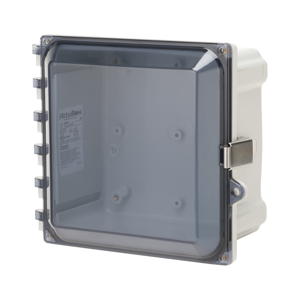 AttaBox Heartland series enclosure, NEMA 1/3R/4/4X/12, 8 x 8 x 4in (HxWxD), wall mount, polycarbonate, Pantone 7541 C light gray, smoked polycarbonate single-door, stainless steel quick-release latch.-AH884CSS