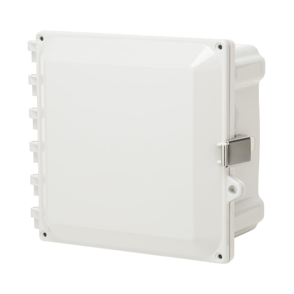 AttaBox Heartland series enclosure, NEMA 1/3R/4/4X/12, 8 x 8 x 4in (HxWxD), wall mount, polycarbonate, Pantone 7541 C light gray, single-door, stainless steel quick-release latch.-AH884SS