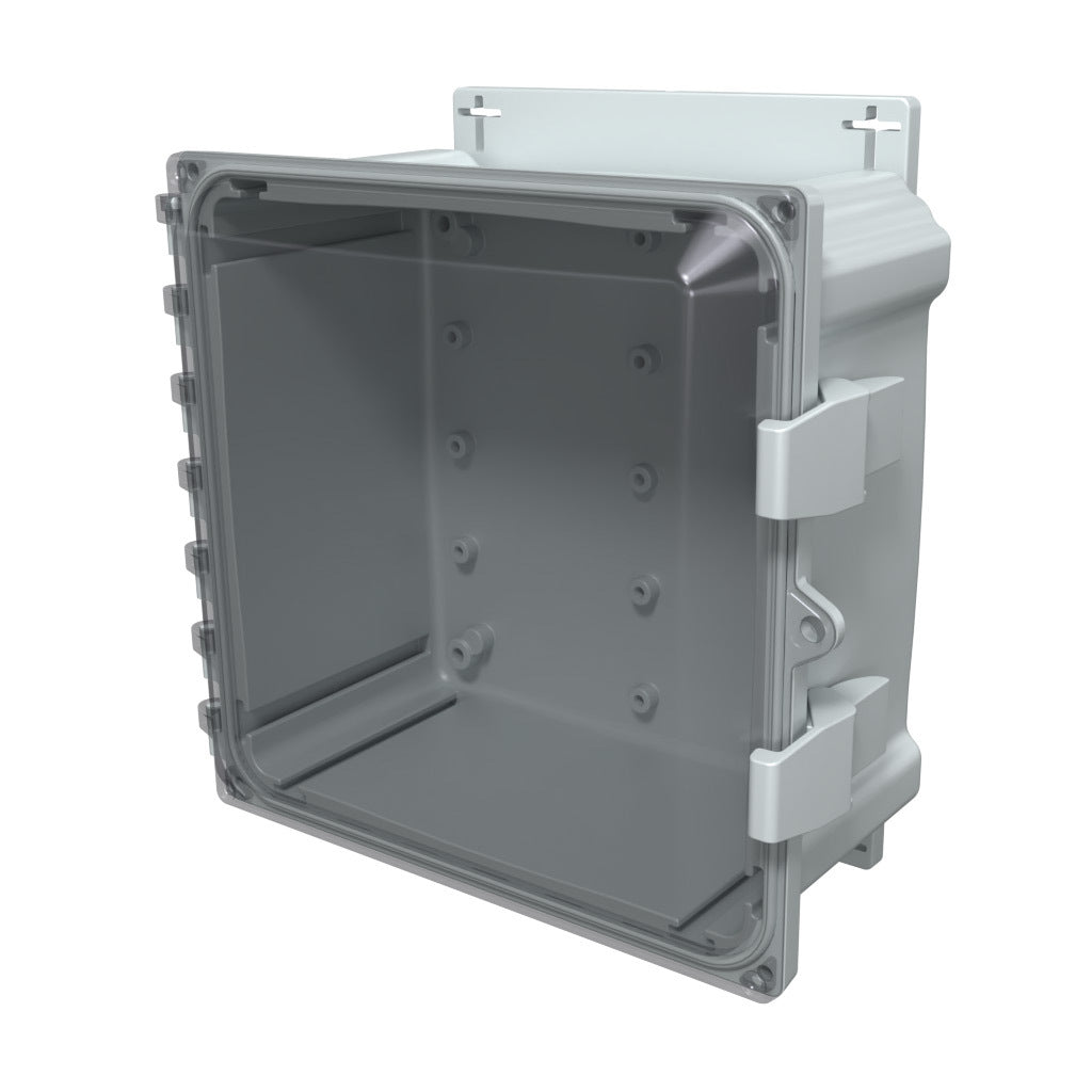 AttaBox Heartland series enclosure, NEMA 1/3R/4/4X/12, 10 x 10 x 6in (HxWxD), wall mount, polycarbonate, Pantone 7541 C light gray, smoked polycarbonate single-door, polycarbonate quick-release latch.-AHF10106C