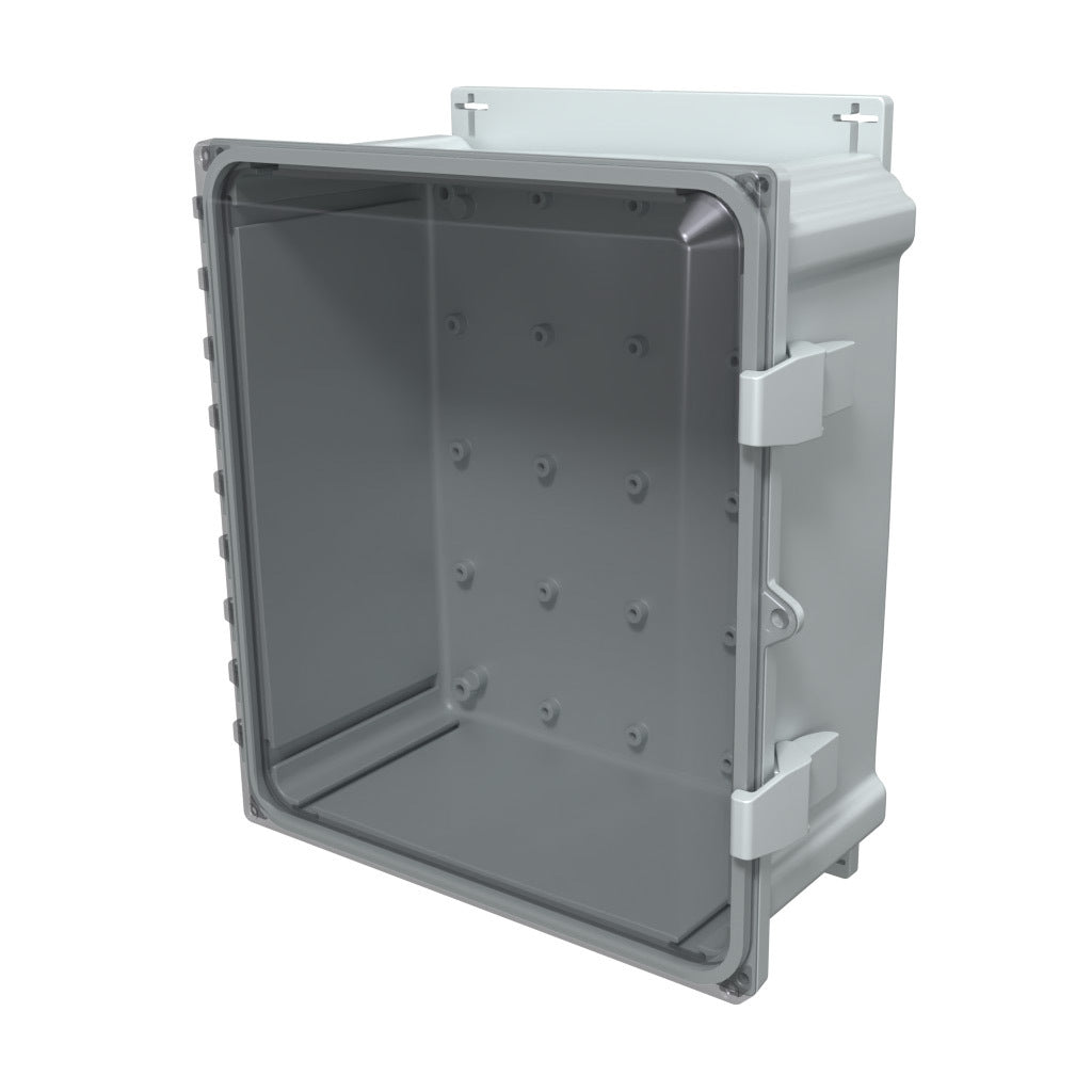 AttaBox Heartland series enclosure, NEMA 1/3R/4/4X/12, 14 x 12 x 6in (HxWxD), wall mount, polycarbonate, Pantone 7541 C light gray, smoked polycarbonate single-door, polycarbonate quick-release latch.-AHF14126C