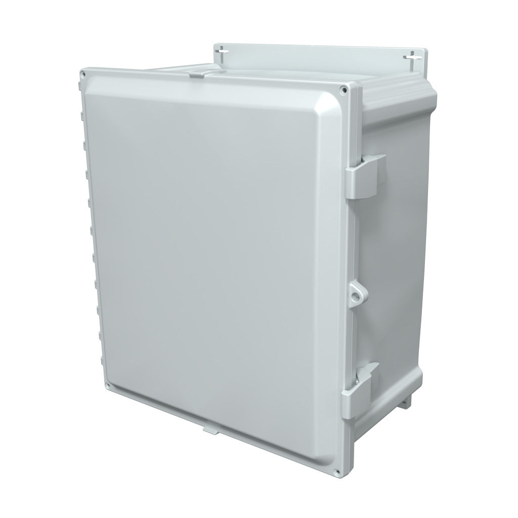 AttaBox Heartland series enclosure, NEMA 1/3R/4/4X/12, 16 x 14 x 8in (HxWxD), wall mount, polycarbonate, Pantone 7541 C light gray, single-door, polycarbonate quick-release latch.-AHF16148