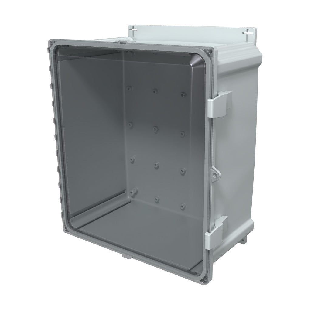 AttaBox Heartland series enclosure, NEMA 1/3R/4/4X/12, 16 x 14 x 8in (HxWxD), wall mount, polycarbonate, Pantone 7541 C light gray, smoked polycarbonate single-door, polycarbonate quick-release latch.-AHF16148C
