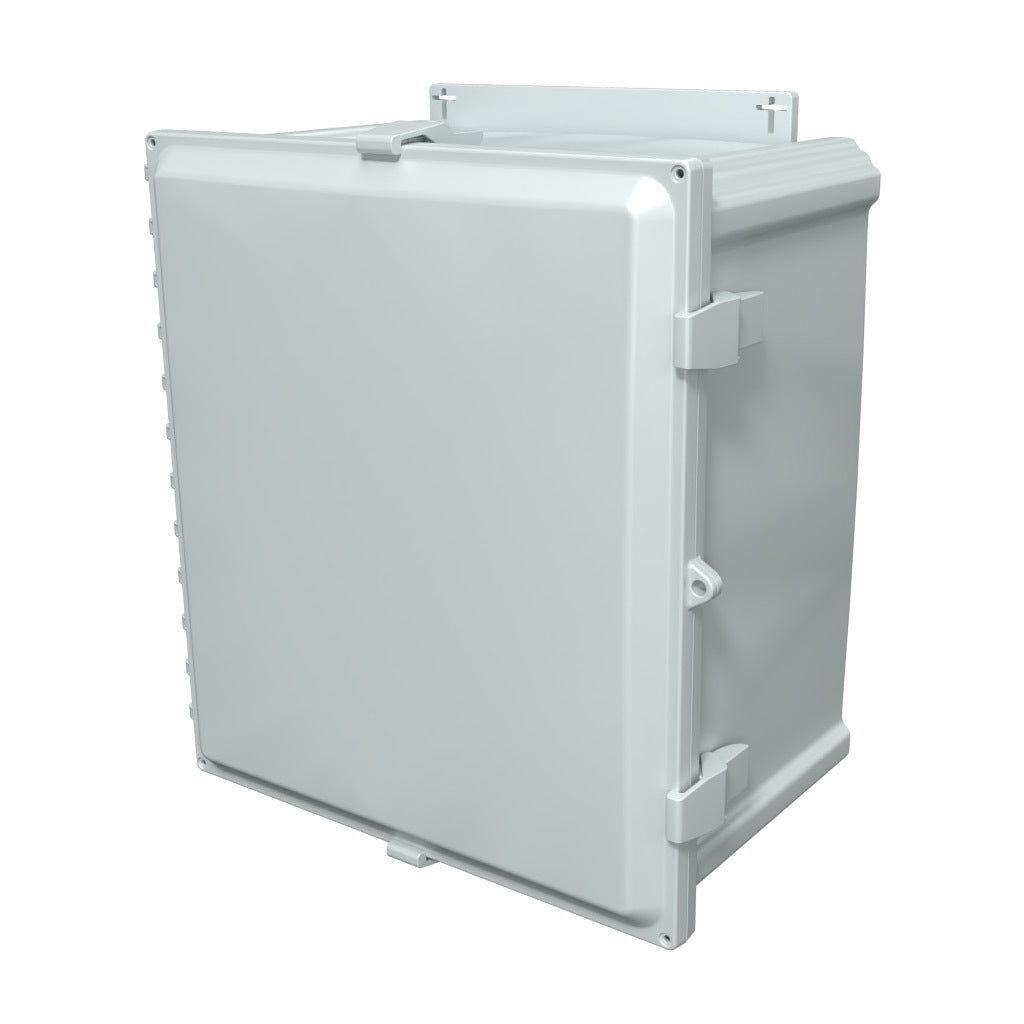 AttaBox Heartland series enclosure, NEMA 1/3R/4/4X/12, 18 x 16 x 10in (HxWxD), wall mount, polycarbonate, Pantone 7541 C light gray, single-door, polycarbonate quick-release latch.-AHF181610