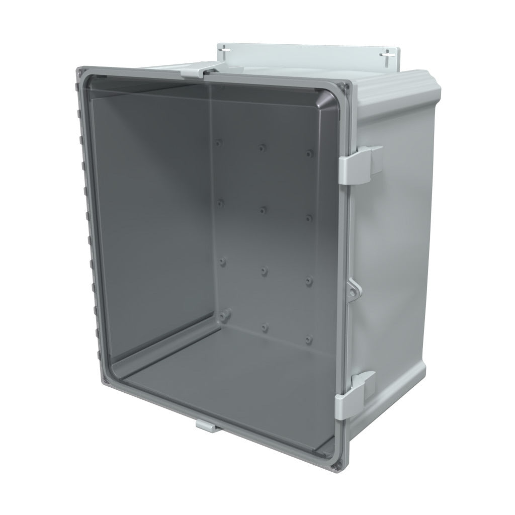 AttaBox Heartland series enclosure, NEMA 1/3R/4/4X/12, 18 x 16 x 10in (HxWxD), wall mount, polycarbonate, Pantone 7541 C light gray, smoked polycarbonate single-door, polycarbonate quick-release latch.-AHF181610C