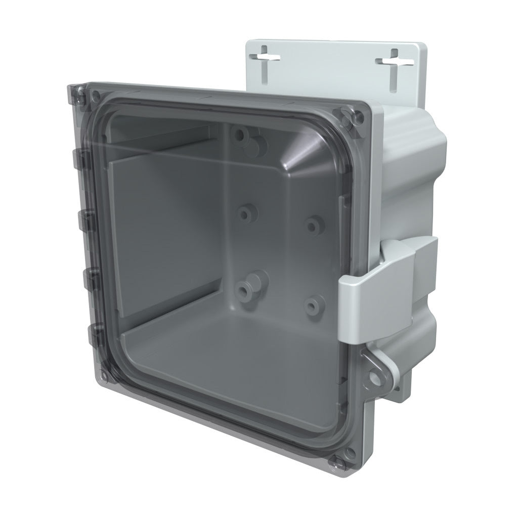 AttaBox Heartland series enclosure, NEMA 1/3R/4/4X/12, 6 x 6 x 4in (HxWxD), wall mount, polycarbonate, Pantone 7541 C light gray, smoked polycarbonate single-door, polycarbonate quick-release latch.-AHF664C