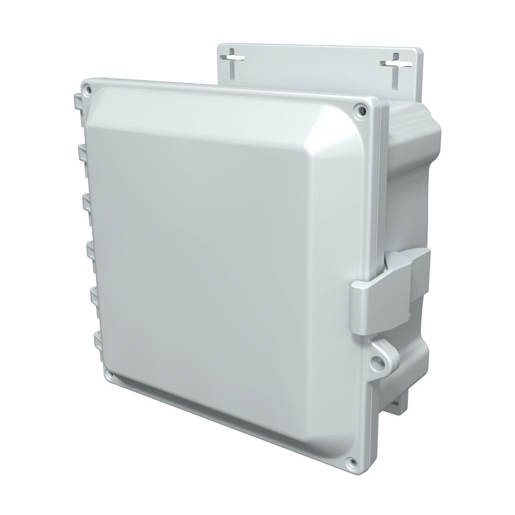 AttaBox Heartland series enclosure, NEMA 1/3R/4/4X/12, 8 x 8 x 4in (HxWxD), wall mount, polycarbonate, Pantone 7541 C light gray, single-door, polycarbonate quick-release latch.-AHF884