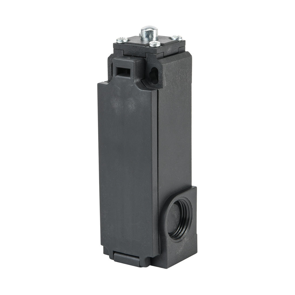 AchieVe IEC limit switch, metal plunger, 90-degree adjustable head, (2) N.C. contact(s), snap action, solenoid reset, 20-22mm hole spacing, plastic, (2) PG11 and (1) 1/2in NPT cable entries.-AHP2T11J02-024