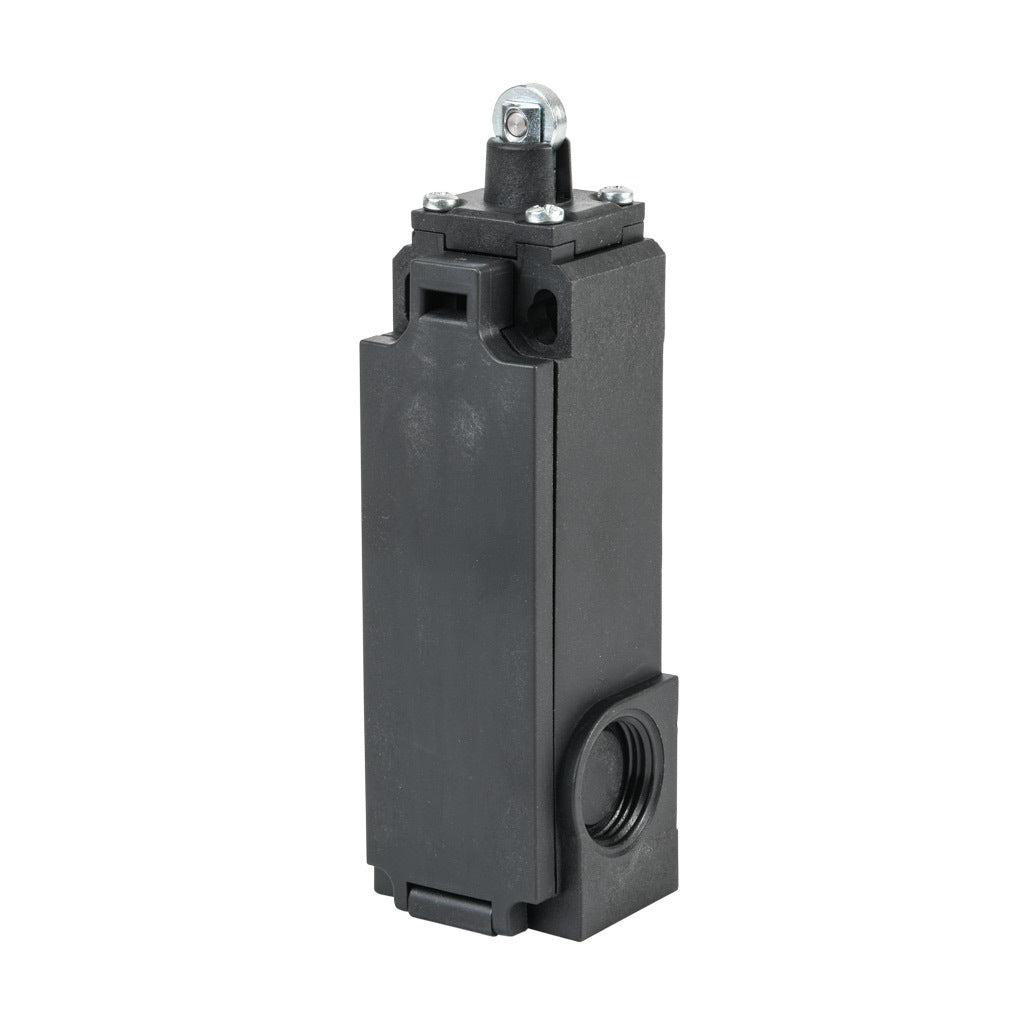 AchieVe IEC limit switch, metal plunger with metal roller, 90-degree adjustable head, (2) N.C. contact(s), snap action, solenoid reset, 20-22mm hole spacing, plastic, (2) PG11 and (1) 1/2in NPT cable entries.-AHP2T12J02-024